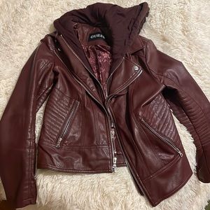 Fabulous wine colored faux leather jacket with knit details and hoodie.